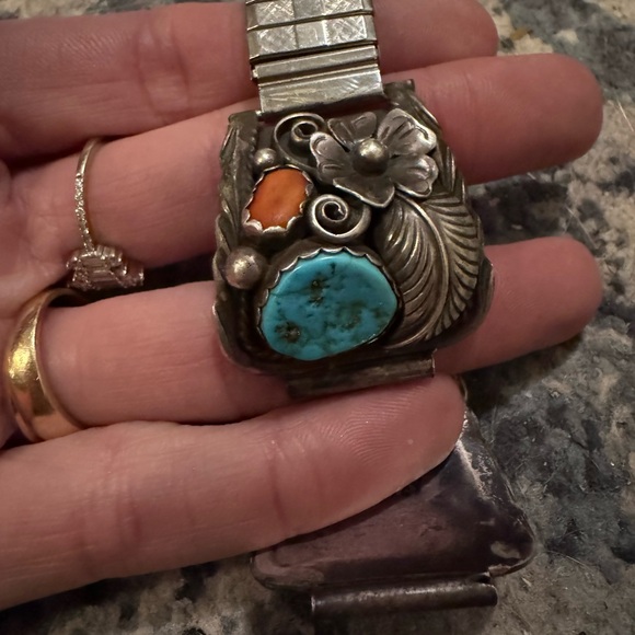 Large Sterling Signed Navajo Native Turquoise and Coral Silver Watch Band - Picture 9 of 9